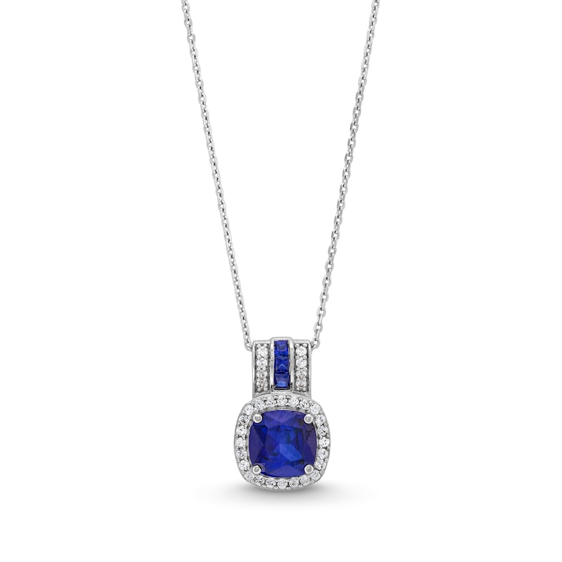 8.0mm Cushion-Cut Blue and White Lab-Created Sapphire Frame Triple Row Bail Pendant in Sterling Silver