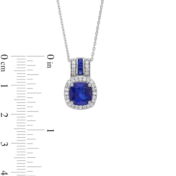 8.0mm Cushion-Cut Blue and White Lab-Created Sapphire Frame Triple Row Bail Pendant in Sterling Silver