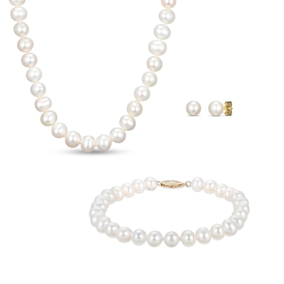 6.0-6.5mm Freshwater Cultured Pearl Strand Necklace, Bracelet and Stud Earrings Set in 10K Gold