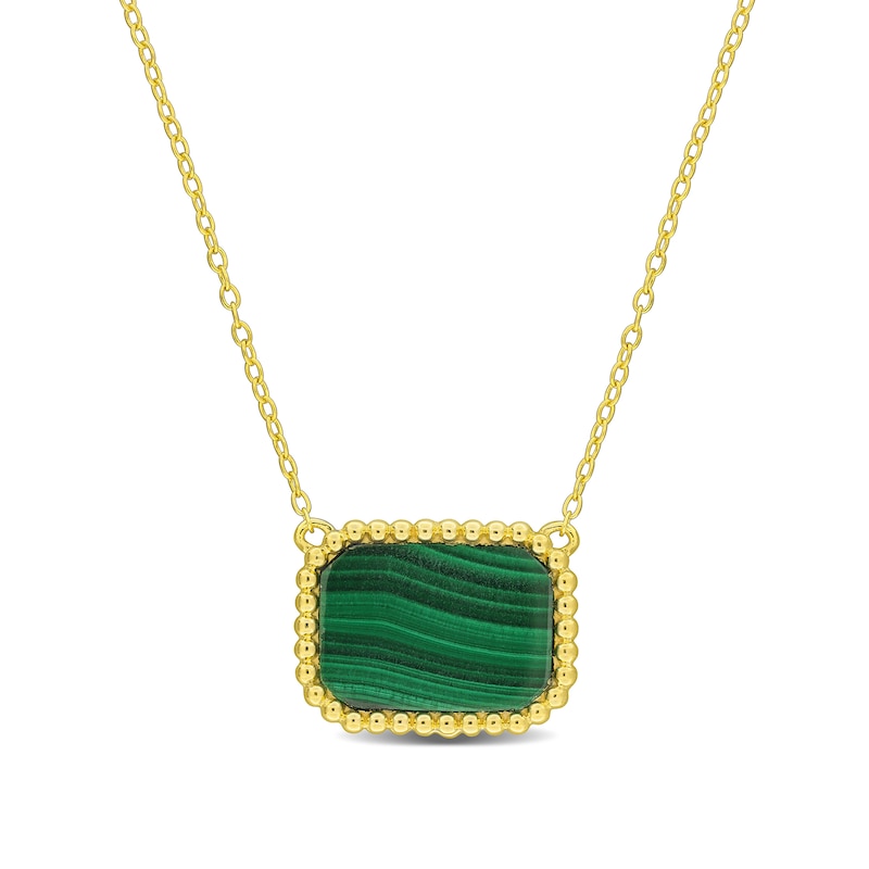 Octagon Malachite Beaded Frame Sideways Necklace in Sterling Silver with 18K Gold Plate - 17"