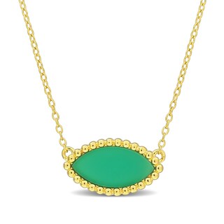 Marquise Green Chalcedony Beaded Frame Sideways Necklace in Sterling Silver with 18K Gold Plate - 17"