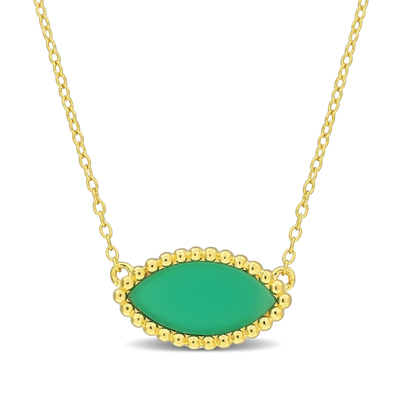 Marquise Green Chalcedony Beaded Frame Sideways Necklace in Sterling Silver with 18K Gold Plate - 17"|Peoples Jewellers