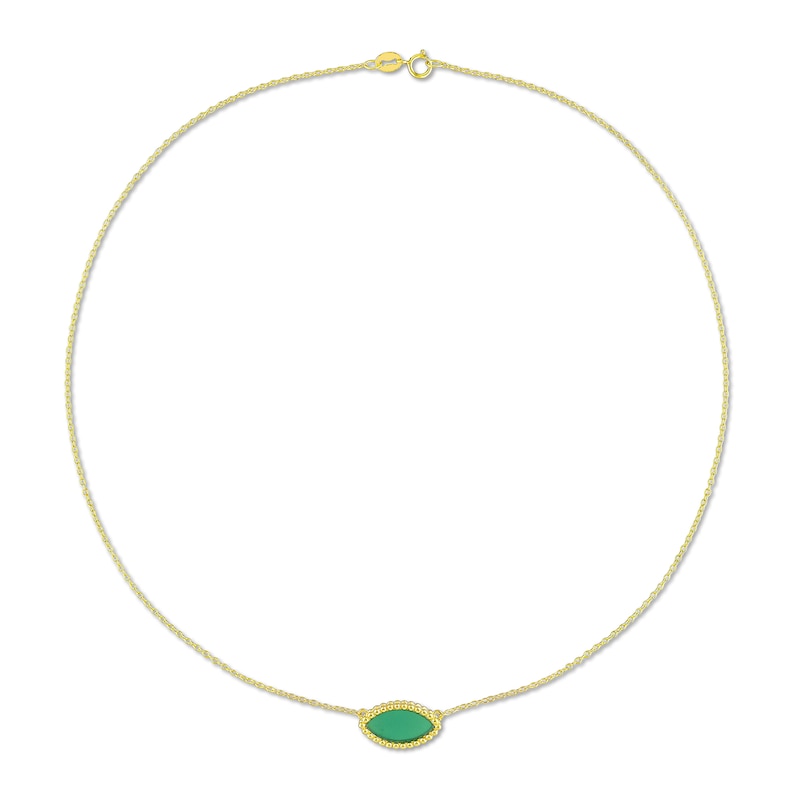 Marquise Green Chalcedony Beaded Frame Sideways Necklace in Sterling Silver with 18K Gold Plate - 17"