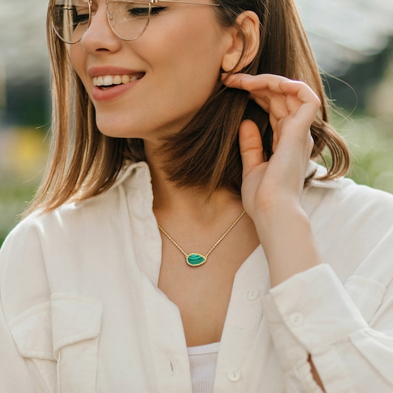 Pear-Shaped Malachite Beaded Frame Sideways Necklace in Sterling Silver with 18K Gold Plate - 17"