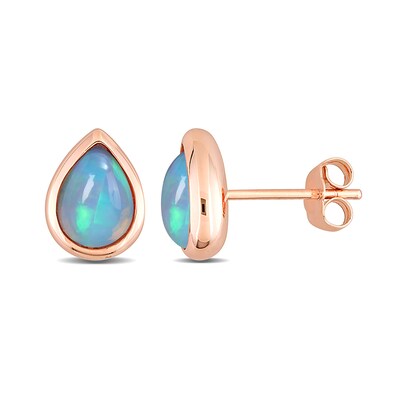 Pear-Shaped Blue Opal Bezel-Set Solitaire Stud Earrings in 10K Rose Gold