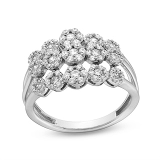 0.70 CT. T.W. Multi-Diamond Flower Triple Row Split Shank Ring in 10K White Gold