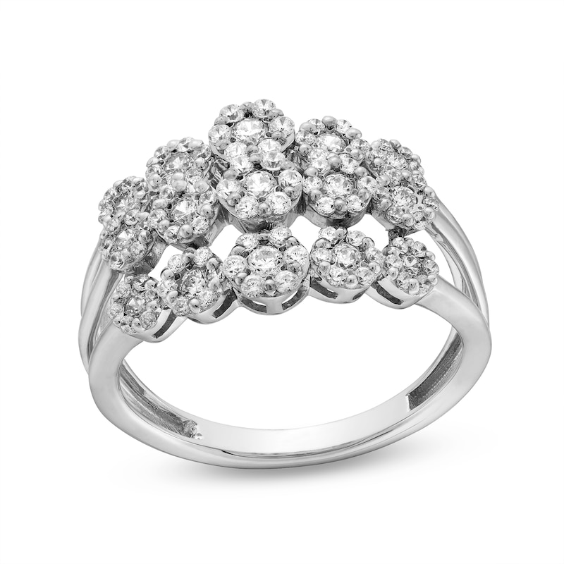 0.70 CT. T.W. Multi-Diamond Flower Triple Row Split Shank Ring in 10K White Gold|Peoples Jewellers