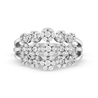 0.70 CT. T.W. Multi-Diamond Flower Triple Row Split Shank Ring in 10K White Gold