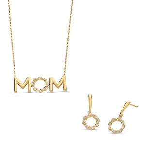 Circle of Gratitude® Collection 0.20 CT. T.W. Diamond Twist "MOM" Necklace and Drop Earrings Set in Sterling Silver with 10K Gold Plate - 19"