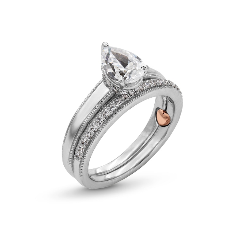 Perfect Fit 1.00 CT. T.W. Pear-Shaped Certified Lab-Created Diamond Vintage-Style Bridal Set in 14K White Gold (F/SI2)|Peoples Jewellers