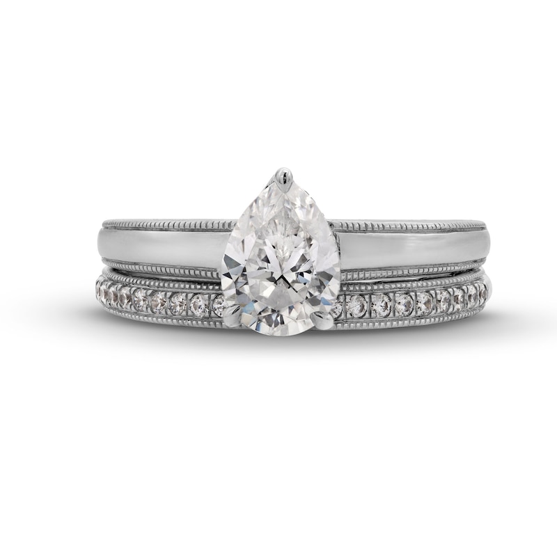 Main Image 4 of Perfect Fit 1.00 CT. T.W. Pear-Shaped Certified Lab-Created Diamond Vintage-Style Bridal Set in 14K White Gold (F/SI2)