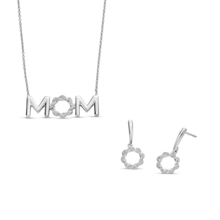 Circle of Gratitude® Collection 0.20 CT. T.W. Diamond Twist "MOM" Necklace and Drop Earrings Set in Sterling Silver