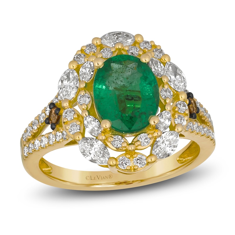 Le Vian® Oval Costa Smeralda Emerald™ and 0.90 CT. T.W. Diamond Double Frame Split Shank Ring in 18K Honey Gold™