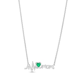 4.0mm Heart-Shaped Lab-Created Emerald and White Lab-Created Sapphire &quot;mom&quot; Heartbeat Necklace in Sterling Silver