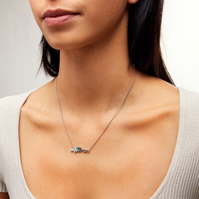 4.0mm Heart-Shaped Lab-Created Emerald and White Lab-Created Sapphire "mom" Heartbeat Necklace in Sterling Silver