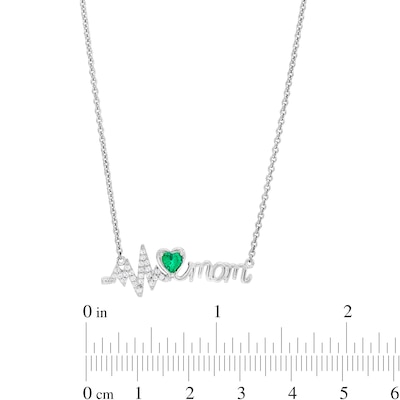 4.0mm Heart-Shaped Lab-Created Emerald and White Lab-Created Sapphire "mom" Heartbeat Necklace in Sterling Silver