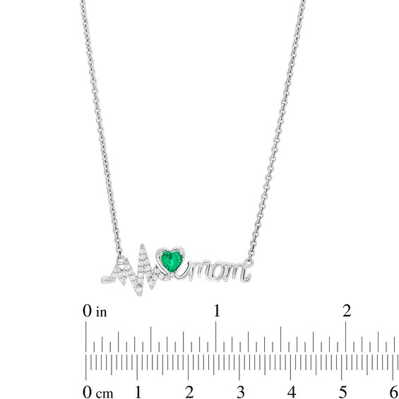 4.0mm Heart-Shaped Lab-Created Emerald and White Lab-Created Sapphire "mom" Heartbeat Necklace in Sterling Silver