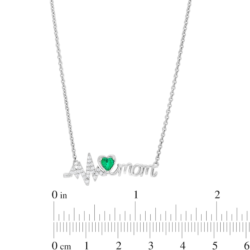4.0mm Heart-Shaped Lab-Created Emerald and White Lab-Created Sapphire "mom" Heartbeat Necklace in Sterling Silver|Peoples Jewellers