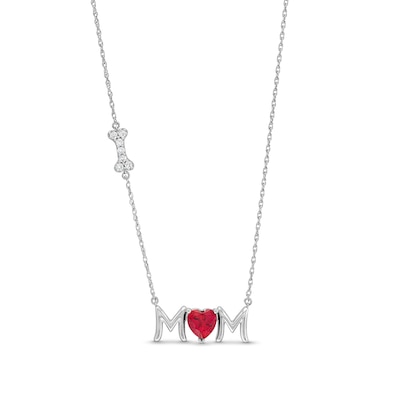 6.0mm Heart-Shaped Lab-Created Ruby and White Lab-Created Sapphire "MOM" with Dog Bone Necklace in Sterling Silver