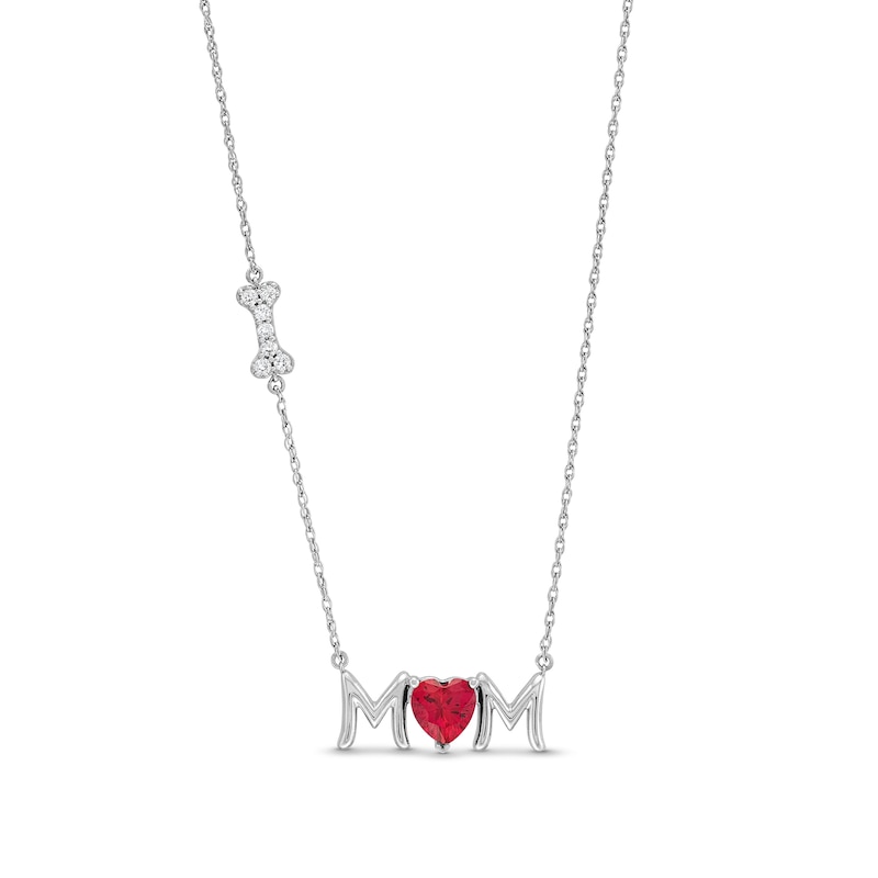 6.0mm Heart-Shaped Lab-Created Ruby and White Lab-Created Sapphire "MOM" with Dog Bone Necklace in Sterling Silver|Peoples Jewellers