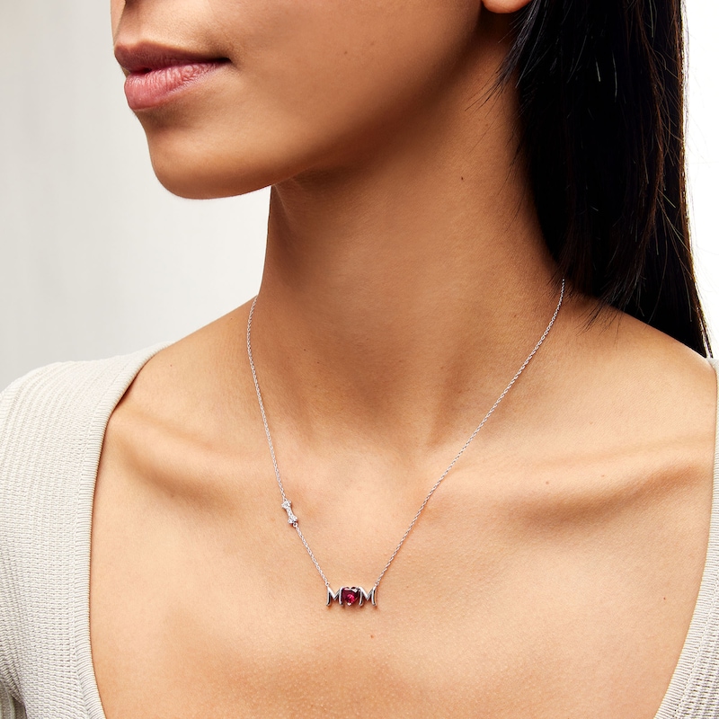 6.0mm Heart-Shaped Lab-Created Ruby and White Lab-Created Sapphire "MOM" with Dog Bone Necklace in Sterling Silver|Peoples Jewellers