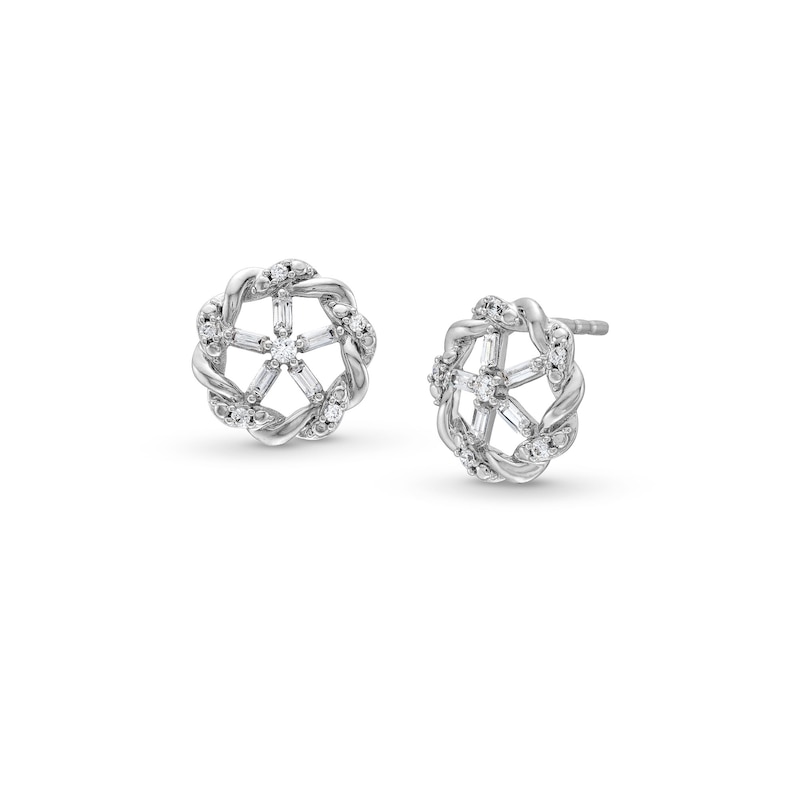 Circle of Gratitude® 0.20 CT. T.W. Baguette and Round Diamond Twist Stud Earrings in 10K White Gold