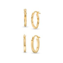 Polished Square and Twist Hoop Earrings Set in Hollow 10K Gold