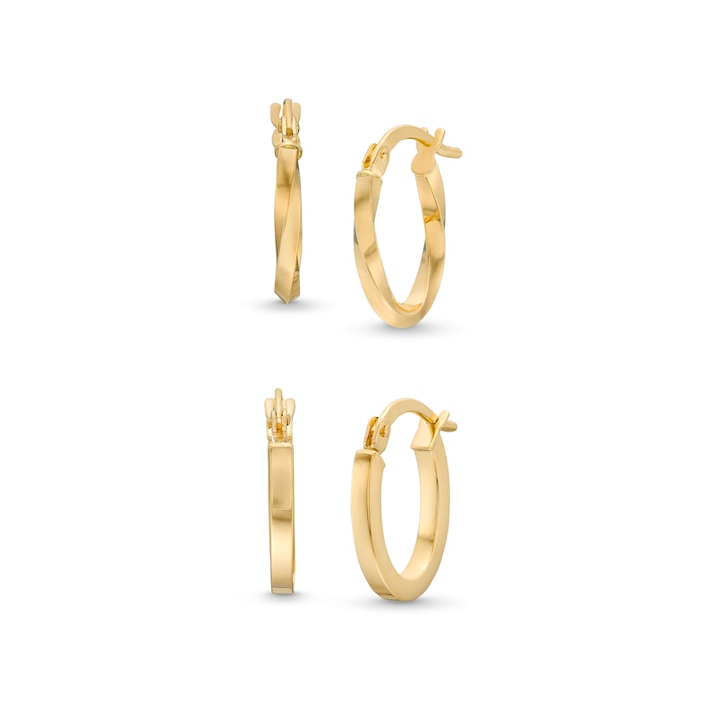 Polished Square and Twist Hoop Earrings Set in Hollow 10K Gold|Peoples Jewellers