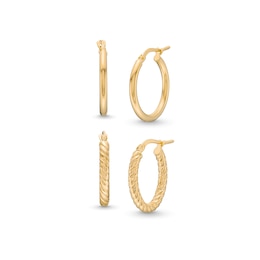 Polished Tube and Rope-Textured Hoop Earrings Set in Hollow 10K Gold