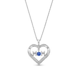 4.0mm Blue and White Lab-Created Sapphire &quot;MOM&quot; Heart Pendant in Sterling Silver