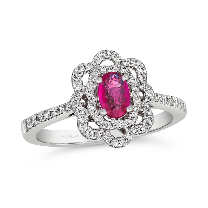 Le Vian® Couture® Oval Passion Ruby™ and 0.30 CT. T.W. Vanilla Diamond® Double Scallop Frame Ring in Platinum