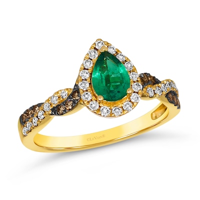 Le Vian® Pear-Shaped Costa Smeralda Emerald™ and 0.36 CT. T.W. Diamond Frame Twist Shank Ring in 14K Honey Gold™