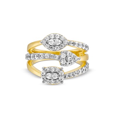 0.95 CT. T.W. Multi-Diamond Multi-Shape Triple Row Ring in Sterling Silver with 14K Gold Plate