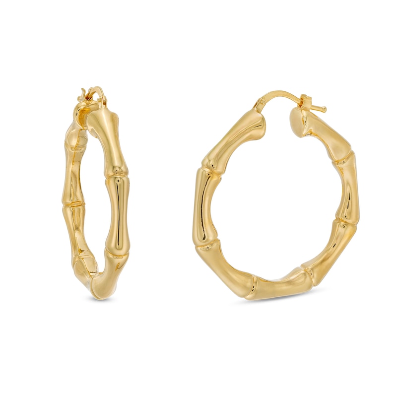 Italian Gold 38.0mm Bamboo-Pattern Hoop Earrings in Sculpted Hollow 14K Gold
