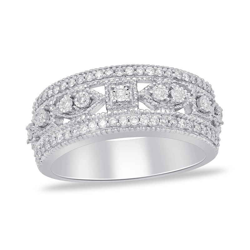 Previously Owned - 0.32 CT. T.W. Diamond Square and Marquise Frames Vintage-Style Triple Row Band in 14K White Gold