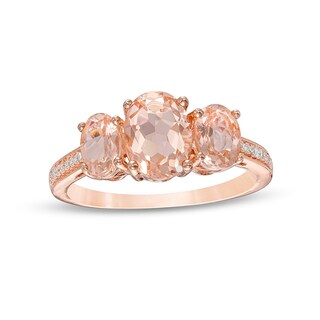 Previously Owned - Oval Morganite and 0.04 CT. T.W. Diamond Three Stone Ring in 10K Rose Gold