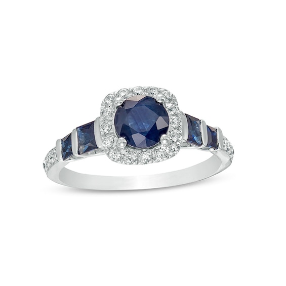 Previously Owned - 6.0mm Blue Sapphire and 0.25 CT. T.W. Diamond Cushion-Cut Frame Engagement Ring in 14K White Gold