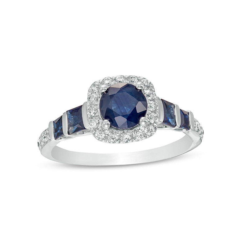 Previously Owned - 6.0mm Blue Sapphire and 0.25 CT. T.W. Diamond Cushion-Cut Frame Engagement Ring in 14K White Gold|Peoples Jewellers