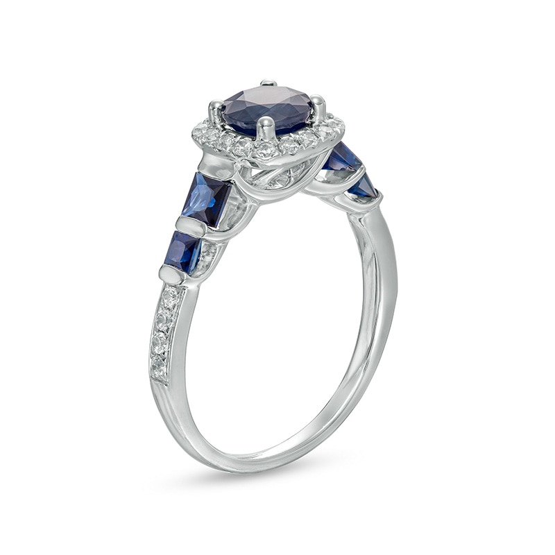 Previously Owned - 6.0mm Blue Sapphire and 0.25 CT. T.W. Diamond Cushion-Cut Frame Engagement Ring in 14K White Gold|Peoples Jewellers