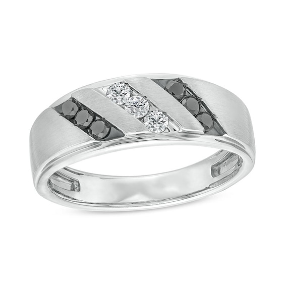 Previously Owned - Men's 0.40 CT. T.W. Black and White Diamond Slanted Triple Row Band in Sterling Silver