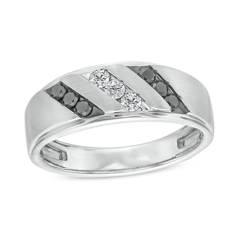Previously Owned - Men's 0.40 CT. T.W. Black and White Diamond Slanted Triple Row Band in Sterling Silver|Peoples Jewellers