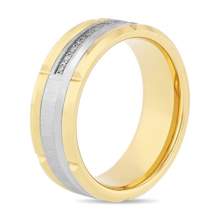 Previously Owned - Men's 0.115 CT. T.W. Diamond Grooved Wedding Band in Tungsten with Yellow IP - Size 10