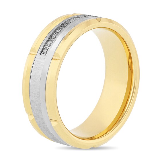 Previously Owned - Men's 0.115 CT. T.W. Diamond Grooved Wedding Band in Tungsten with Yellow IP - Size 10