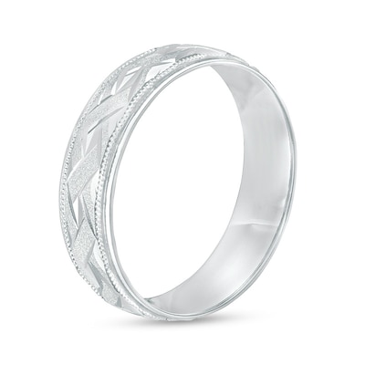 Previously Owned - 6.0mm Diamond-Cut Milgrain Edge Comfort-Fit Engravable Wedding Band in 14K White Gold (1 Line)