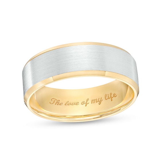 Previously Owned - Men's 7.0mm Bevelled Edge Comfort-Fit Engravable Wedding Band in 14K Two-Tone Gold (1 Line)