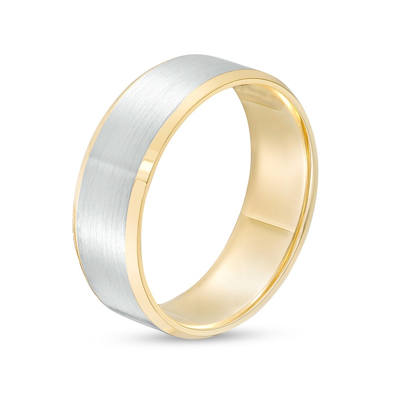 Previously Owned - Men's 7.0mm Bevelled Edge Comfort-Fit Engravable Wedding Band in 14K Two-Tone Gold (1 Line)|Peoples Jewellers