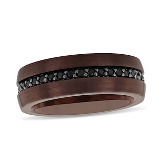 Previously Owned - Men's Black Sapphire Inlay Brushed Wedding Band in Tungsten with Brown Ion-Plate (1 Line)