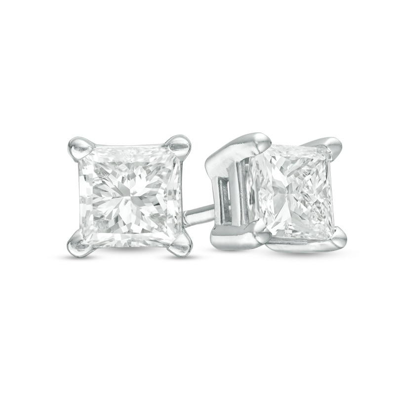 Previously Owned - 1.50 CT. T.W. Princess-Cut Diamond Solitaire Stud Earrings in 14K White Gold (J/I2)