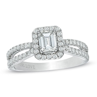 Previously Owned - Vera Wang Love Collection 0.95 CT. T.W. Emerald-Cut Diamond Split Shank Ring in 14K White Gold