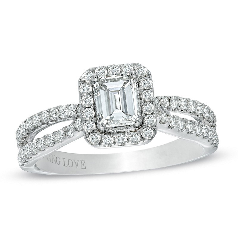 Previously Owned - Vera Wang Love Collection 0.95 CT. T.W. Emerald-Cut Diamond Split Shank Ring in 14K White Gold|Peoples Jewellers